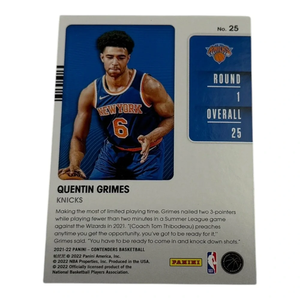 2021-22 Panini Contenders Quentin Grimes RC New York Knicks 2021 Draft Class #25